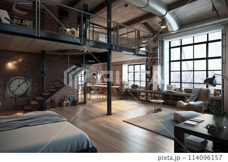 Loft style apartments with large windows in nautical interior design style 114096157