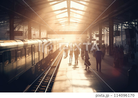 People moving swiftly in a sunlit station, creating a dynamic scene 114096170