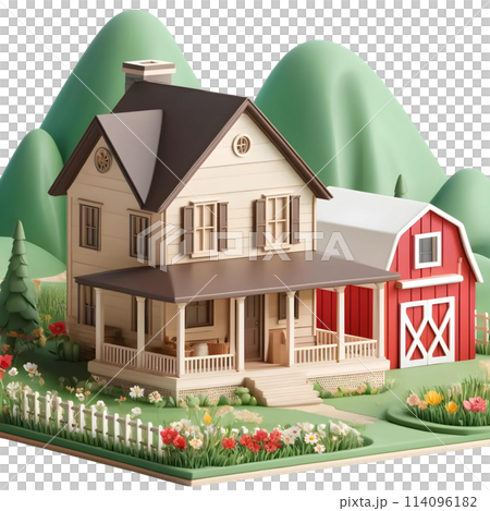 3d farmhouse with barn 114096182