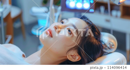 Beautiful Asian woman lies on table in beauty salon, captured during relaxing procedure. AI Created 114096414