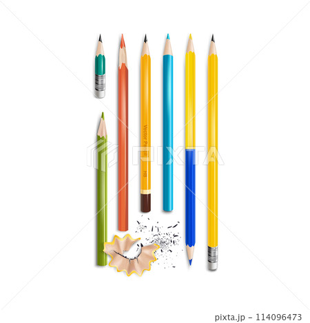 Realistic Detailed 3d Sharpened Color Pencil with a Rubber Band Set. Vector illustration of Different Pencils Realistic Detailed 3d Sharpened Color Pencil with a Rubber Band Set. Vector illustration of Different Pencils 114096473