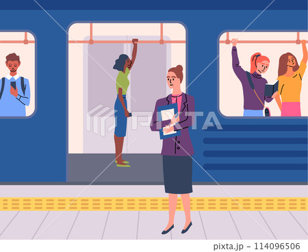 Cartoon Color Characters People and Subway Station with Train Concept Flat Design Style. Vector illustration of Public Transport Cartoon Color Characters People and Subway Station with Train Concept Flat Design Style. Vector illustration of Public Transport 114096506