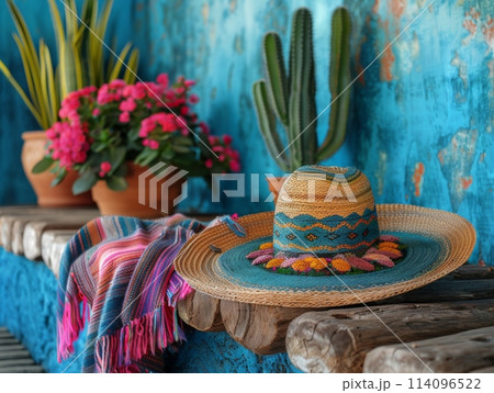 Modern clothing with traditional elements fiesta Cinco de Mayo celebration. Background Urban setting with Mexican influence. Realistic photo. 114096522