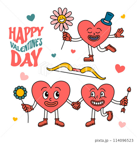 Cartoon Color Groovy Hippie Valentines Day Mascots Elements Set Romantic Holiday Concept Flat Design Style. Vector illustration Cartoon Color Groovy Hippie Valentines Day Mascots Elements Set Romantic Holiday Concept Flat Design Style. Vector illustration 114096523