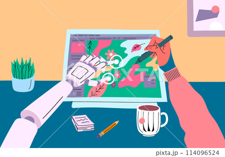 Cartoon Color Digital Artist Draws with Pen on Graphic Tablet Professional Occupation Concept Flat Design Style. Vector illustration 114096524