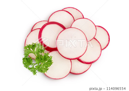 Radish slices isolated on white background. Top view. Flat lay 114096554