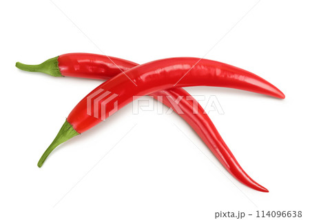 red hot chili pepper isolated on white background. Top view. Flat lay. 114096638