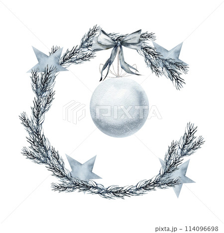 Christmas monochrome floral wreath with stars, christmas ball and bow watercolor illustration. Hand drawn blue frame template for new year card design, invitation decor, fabric, textile, fir botanical 114096698