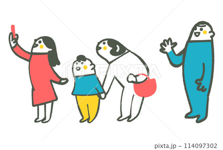 楽しそうに何かを見物している人々　セット　イラスト素材 114097302