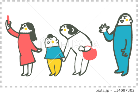 楽しそうに何かを見物している人々　セット　イラスト素材 114097302