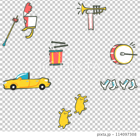 一組鳥瞰圖插圖，可用於向人們介紹鎮上正在舉行的熱鬧遊行。 114097308