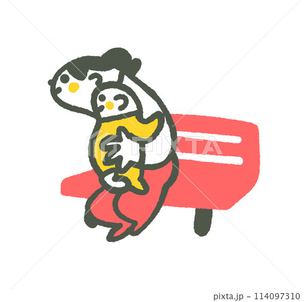 ベンチで赤ちゃんを抱っこして何かを興味ありげに眺めている親子　イラスト素材 114097310