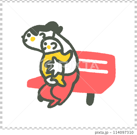 ベンチで赤ちゃんを抱っこして何かを興味ありげに眺めている親子　イラスト素材 114097310