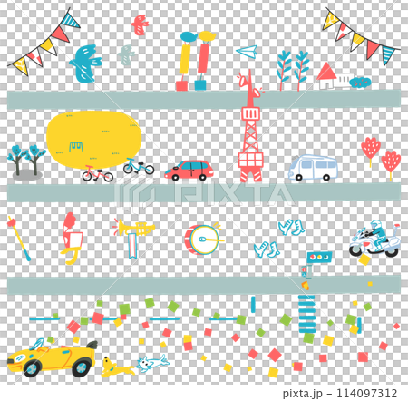 一組鳥瞰圖插圖，可用於向人們介紹鎮上正在舉行的熱鬧遊行。 114097312