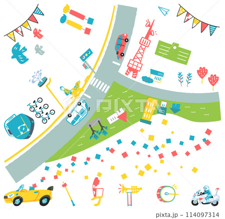 町で開催されるにぎやかなパレードをお知らせするときに使える俯瞰イラスト素材セット							 114097314
