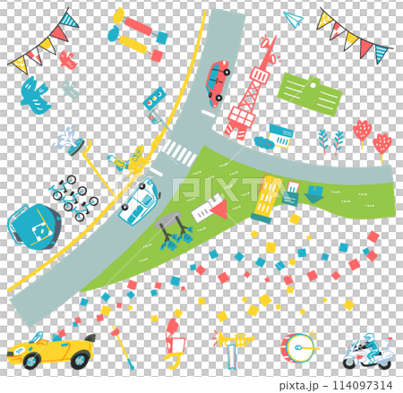 町で開催されるにぎやかなパレードをお知らせするときに使える俯瞰イラスト素材セット							 114097314