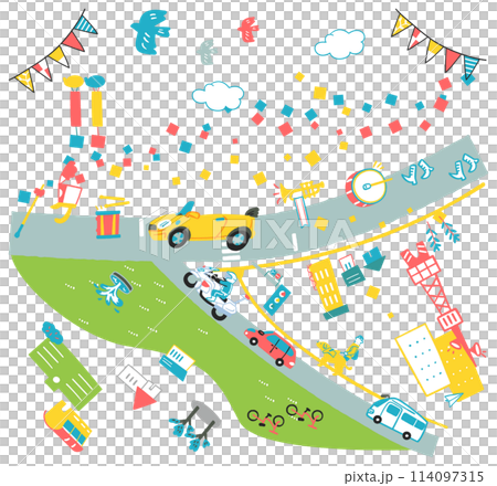 一組鳥瞰圖插圖，可用於向人們介紹鎮上正在舉行的熱鬧遊行。 114097315