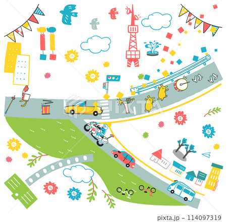 町で開催されるにぎやかなパレードをお知らせするときに使える俯瞰イラスト素材セット							 114097319