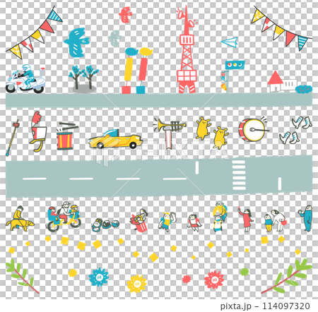 一組鳥瞰圖插圖，可用於向人們介紹鎮上正在舉行的熱鬧遊行。 114097320