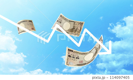 舞い落ちる一万円札と下向きのギザ矢印_ワイド 114097405