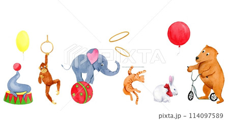 Watercolor seamless border with circus animals: elephant, rabbit, bear, cat, monkey and seal with rings, ballons on white background 114097589