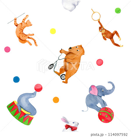 Watercolor seamless pattern with circus animals: elephant, rabbit, bear, cat, monkey and seal with colored circles for fabric, paper packaging 114097592