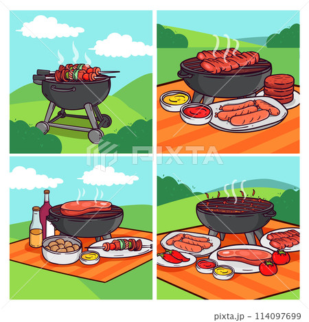 BBQ party illustrations in hand drawn design 114097699