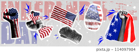 Strength in unity. Human hands and American flags, convey powerful message of strength in unity. Contemporary art collage. 114097984