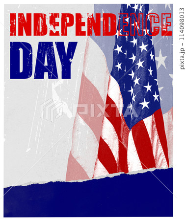 American Flag with Independence word. Promotional poster for historical event Contemporary art collage. 114098013