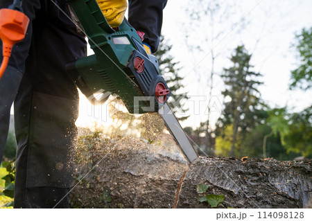 A man in uniform cuts an old tree in the yard with an electric saw. A man in uniform cuts an old tree in the yard with an electric saw. 114098128