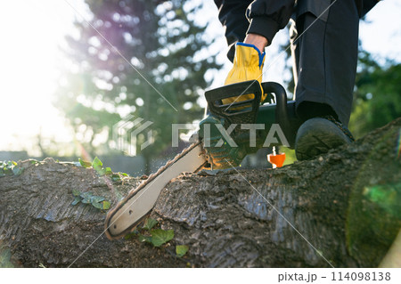 A man in uniform cuts an old tree in the yard with an electric saw. A man in uniform cuts an old tree in the yard with an electric saw. 114098138