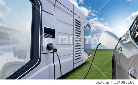 Charging electric car nex to futuristic ecological house with charging station on the wall Charging electric car nex to futuristic ecological house with charging station on the wall 114098169