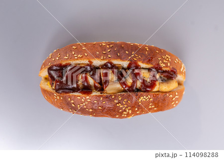 hot dog with sausage and mushroom filling with ketchup hot dog with sausage and mushroom filling with ketchup 114098288