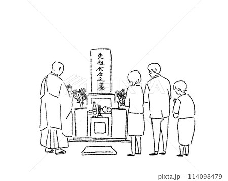 お墓に手を合わせる僧侶と喪服を着た親族、納骨式、墓参り、線画 114098479