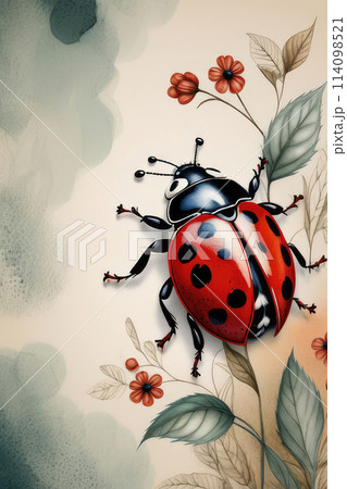 Summer or spring cutest card or poster with hand drawn ladybug on a wildflowers. 114098521