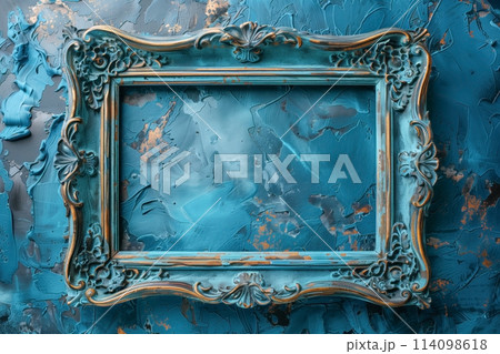 Antique carved gilded frame. Vintage rectangle frame for photo on a blue artistic background Antique carved gilded frame. Vintage rectangle frame for photo on a blue artistic background 114098618