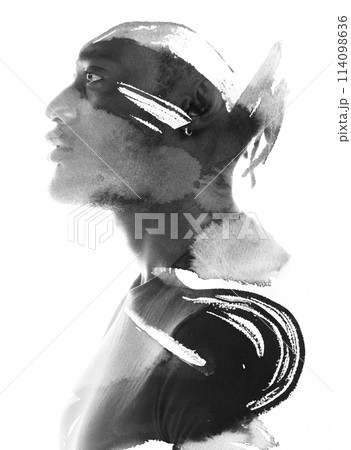 An artistic disappearing paintography double exposure profile portrait of a man An artistic disappearing paintography double exposure profile portrait of a man 114098636