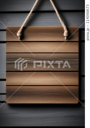 Empty hanging wooden sign board with ropeson an old wooden wall. Empty hanging wooden sign board with ropeson an old wooden wall. 114098673