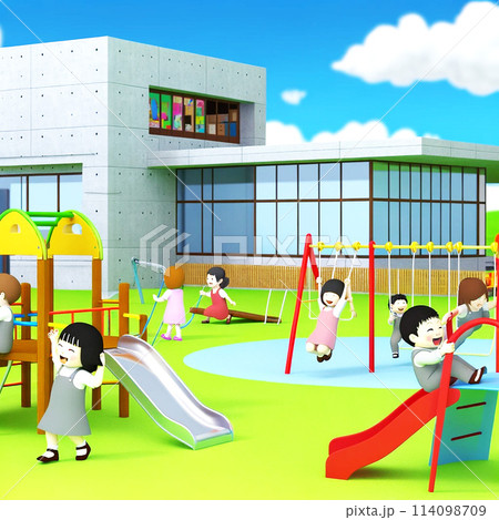 幼稚園の園庭の遊具で遊ぶ子供たち 《AI生成画像》 114098709