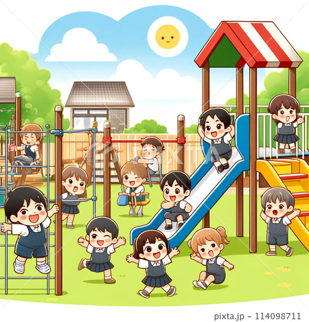 幼稚園の園庭の遊具で遊ぶ子供たち 《AI生成画像》 幼稚園の園庭の遊具で遊ぶ子供たち 《AI生成画像》 114098711