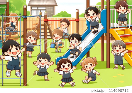 幼稚園の園庭の遊具で遊ぶ子供たち 《AI生成画像》 114098712