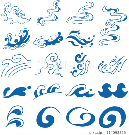 海の波など、水の流れをイメージしたいろいろな形の素材セット 114098826