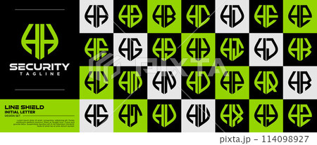 Modern flat line safety shield letter H HH logo set Modern flat line safety shield letter H HH logo set 114098927
