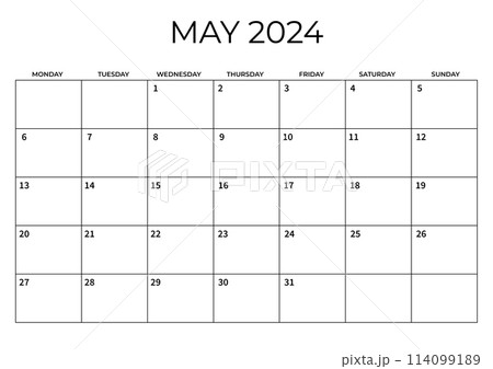 Monthly Planner May 2024. Calendar May 2024. Week starts on Monday. Blank Calendar Template. Vector illustration Monthly Planner May 2024. Calendar May 2024. Week starts on Monday. Blank Calendar Template. Vector illustration 114099189