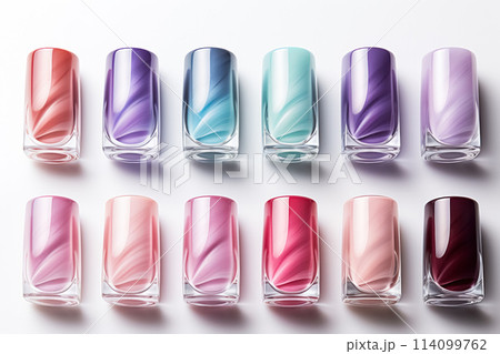 Set of multi-colored nail polish samples isolated on white background, examples of coloring Set of multi-colored nail polish samples isolated on white background, examples of coloring 114099762