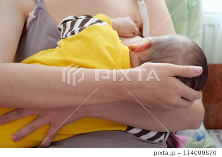 Young woman breastfeeding her baby at home. Milk from mother's breast is a natural medicine to baby. Mother day bonding concept with newborn baby nursing 114099870