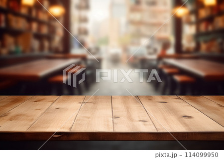 Wooden table against outdoor at street cafe, featuring blurred defocused background with enchanting lights and copy space Wooden table against outdoor at street cafe, featuring blurred defocused background with enchanting lights and copy space 114099950