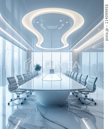 Empty modern meeting room with long wooden table, brown chairs and glass partitions in bright in white colors, sunny office in contemporary business center 114099958