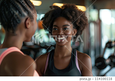 portrait of two african american sporty girls talking in the gym. Ai generative portrait of two african american sporty girls talking in the gym. Ai generative 114100118