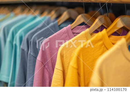 Row colorful pastel colors textile simple t-shirts in clothing rack in store, selling variety of stylish, fashionable casual clothes hanging on hanger 114100170